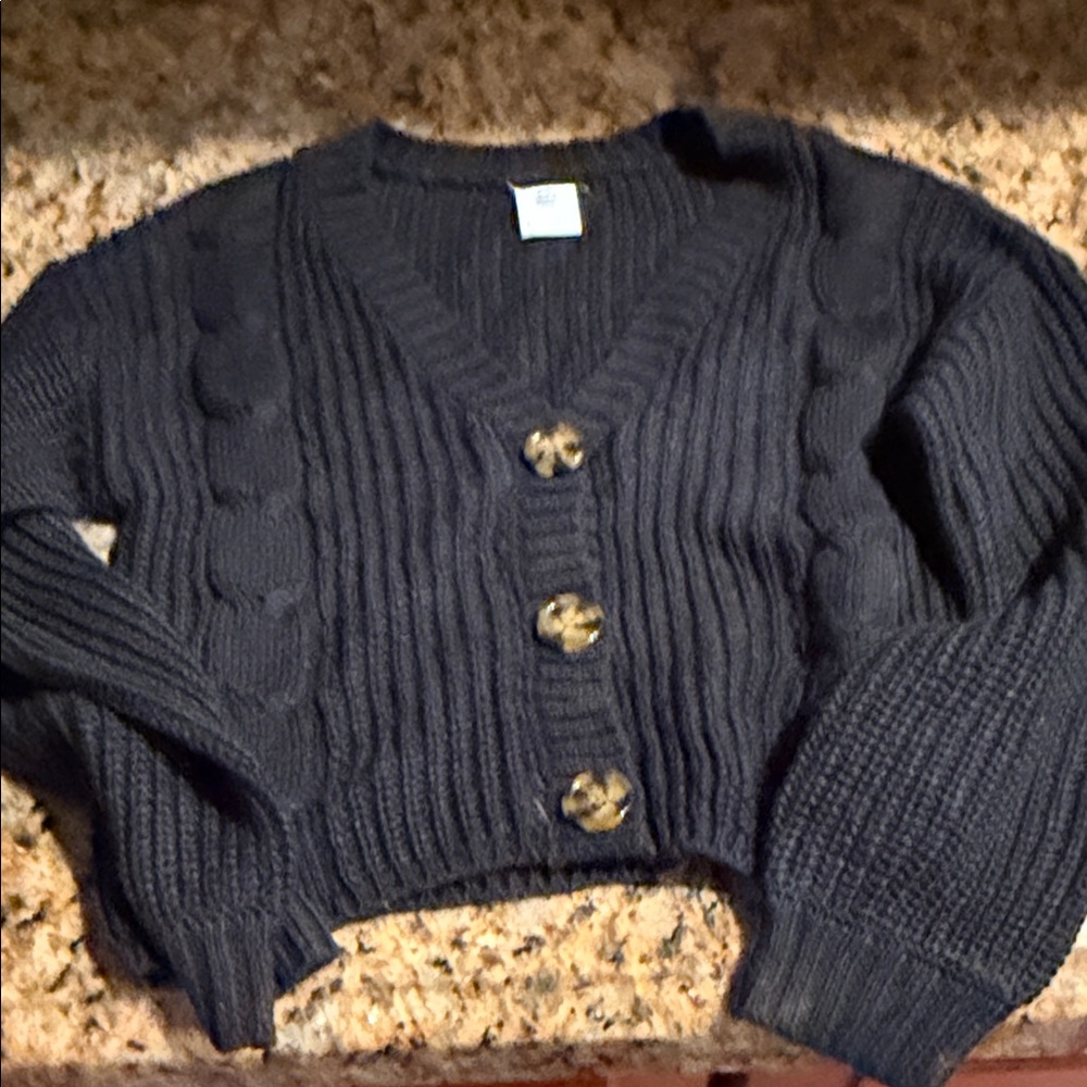Girls' Black Cable-Knit V-Neck Button Cardigan